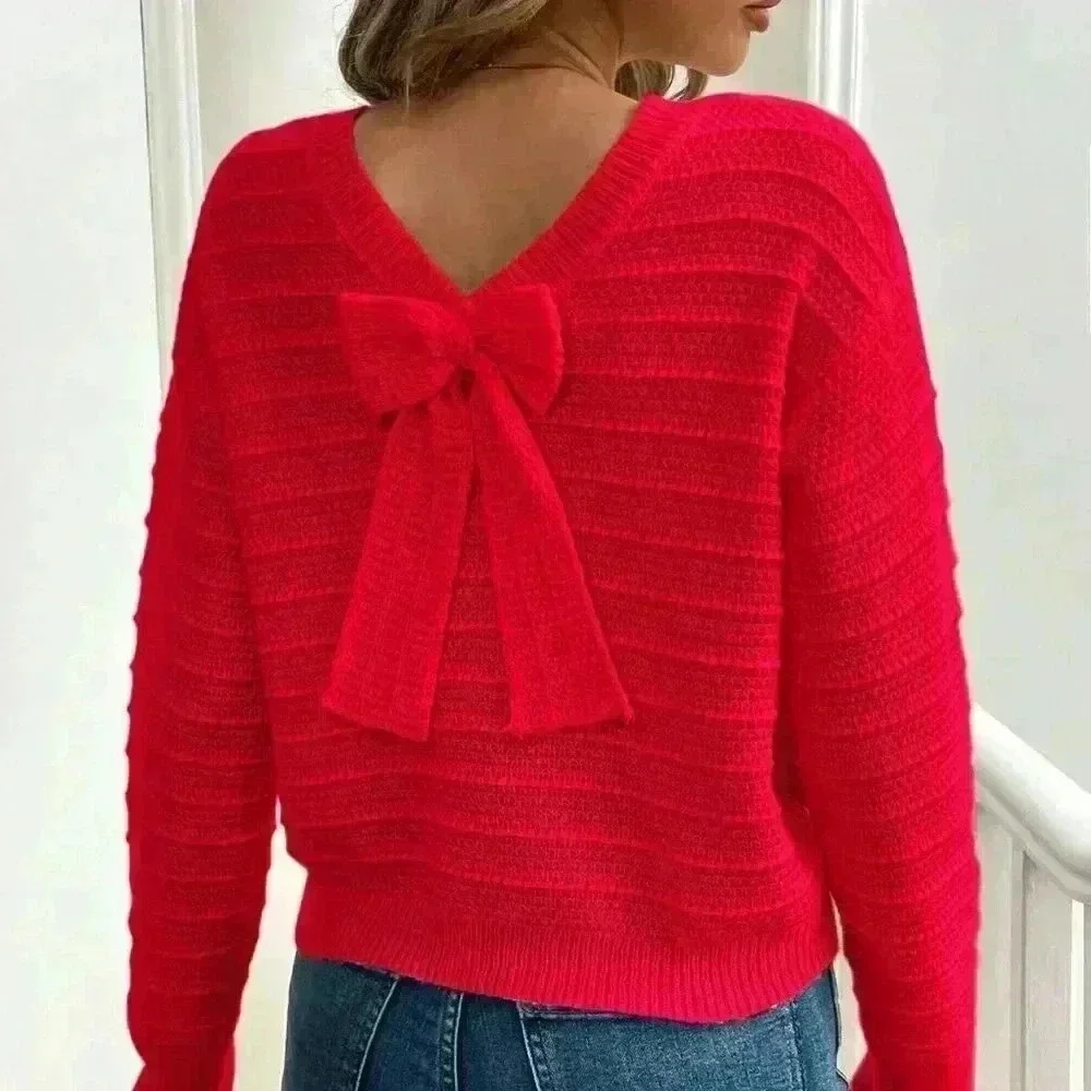 Red Casual Women's Elegant Bowknot Decor Drop Shoulder Sweater